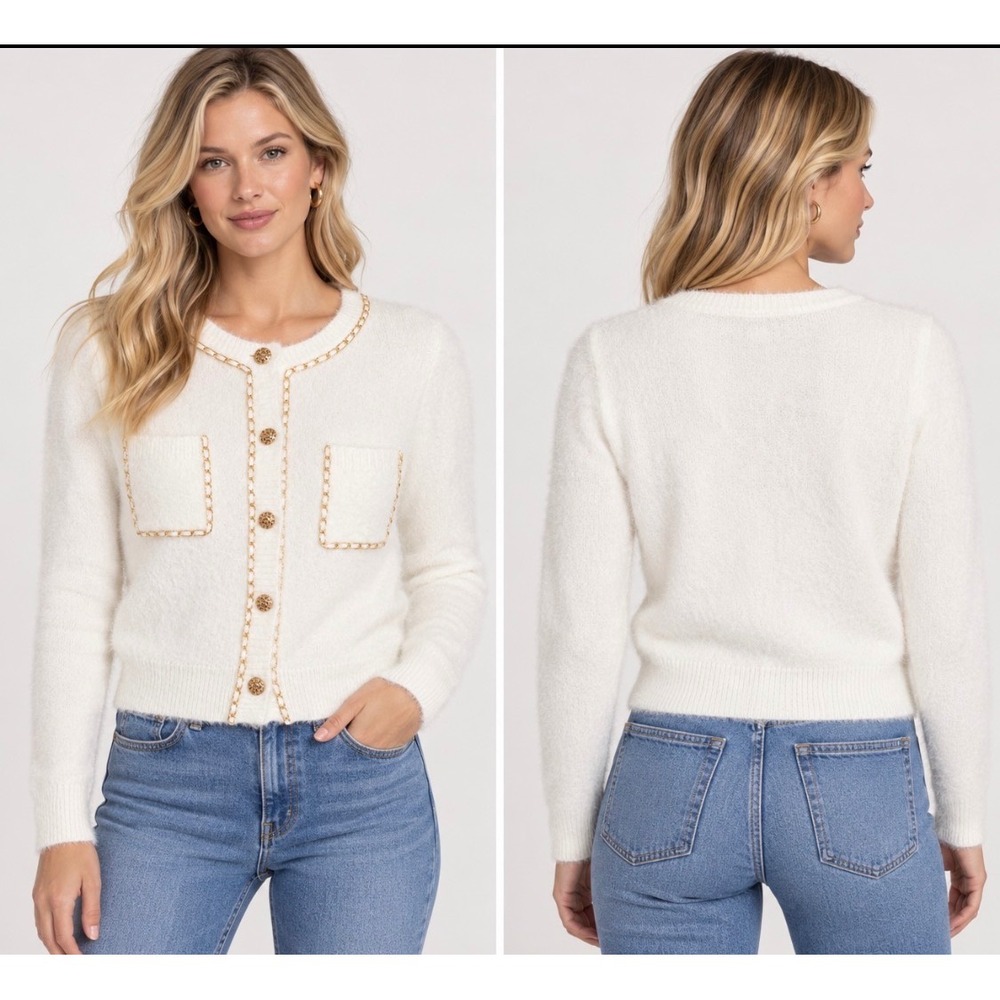 Nanette Lepore Eyelash Knit Cardigan Sweater White Gold Trim Button Front Small